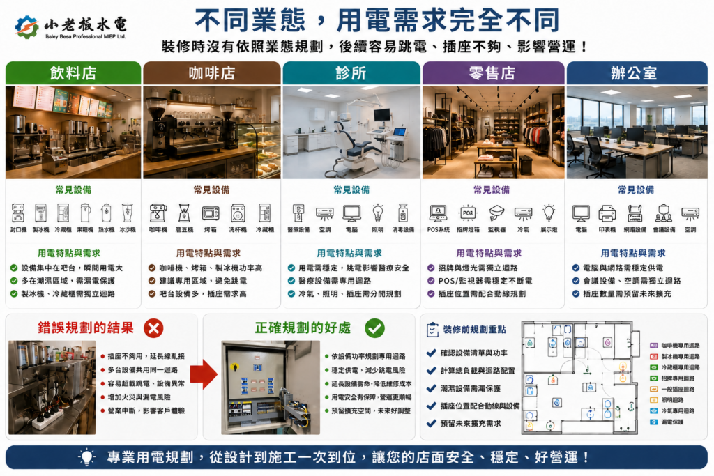 不同業態（飲料店、咖啡店、診所、零售店、辦公室）用電需求比較資訊圖