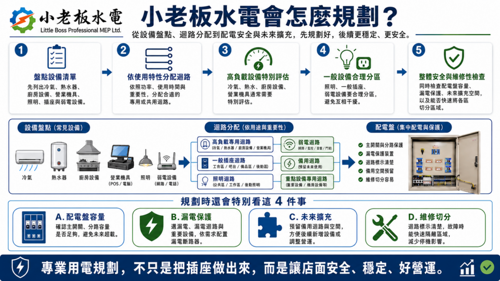 小老板水電配電規劃流程資訊圖：設備清單、迴路分配、配電盤容量與未來擴充