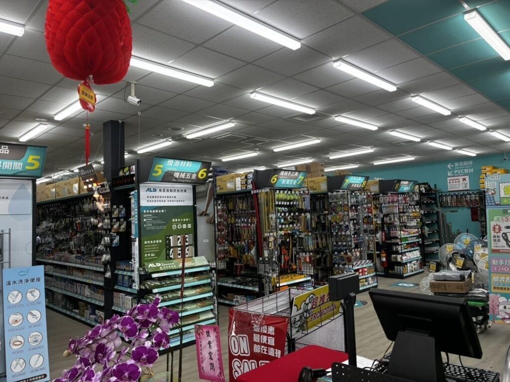 店面賣場室內照明與貨架，營業空間用電需求示意