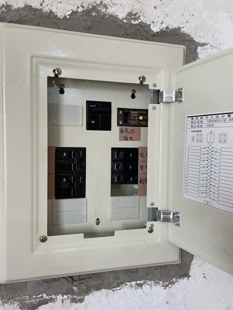 更新後的新配電箱,配置漏電斷路器(ELB)、迴路清楚標示並附配電圖